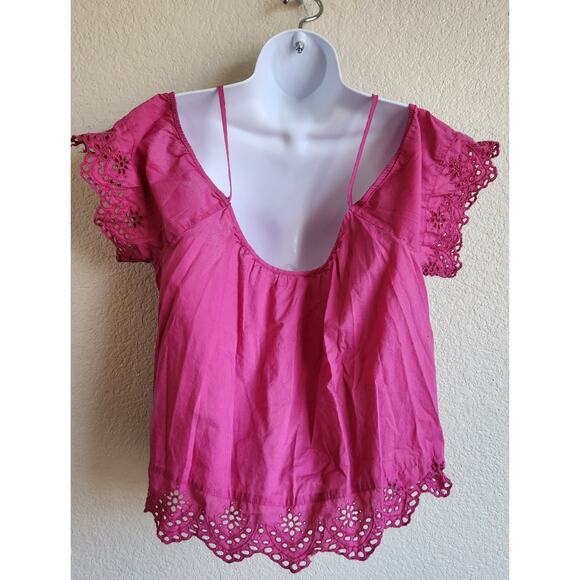 Abound Fuchsia Pink Eyelet Hem Cold Shoulder Top Large Lightweight Soft - Picture 3 of 5